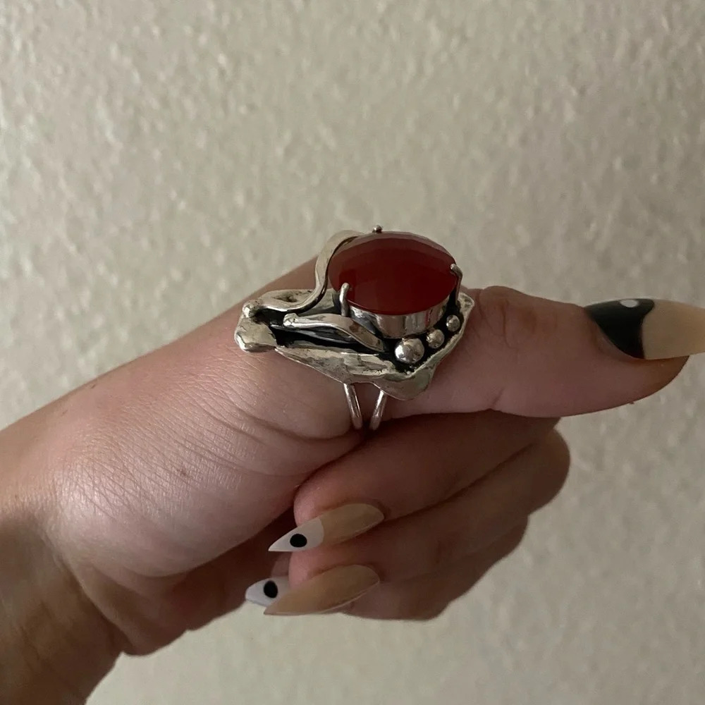 Sterling Silver Large Carnelian Stone Ring - Picture 7 of 16